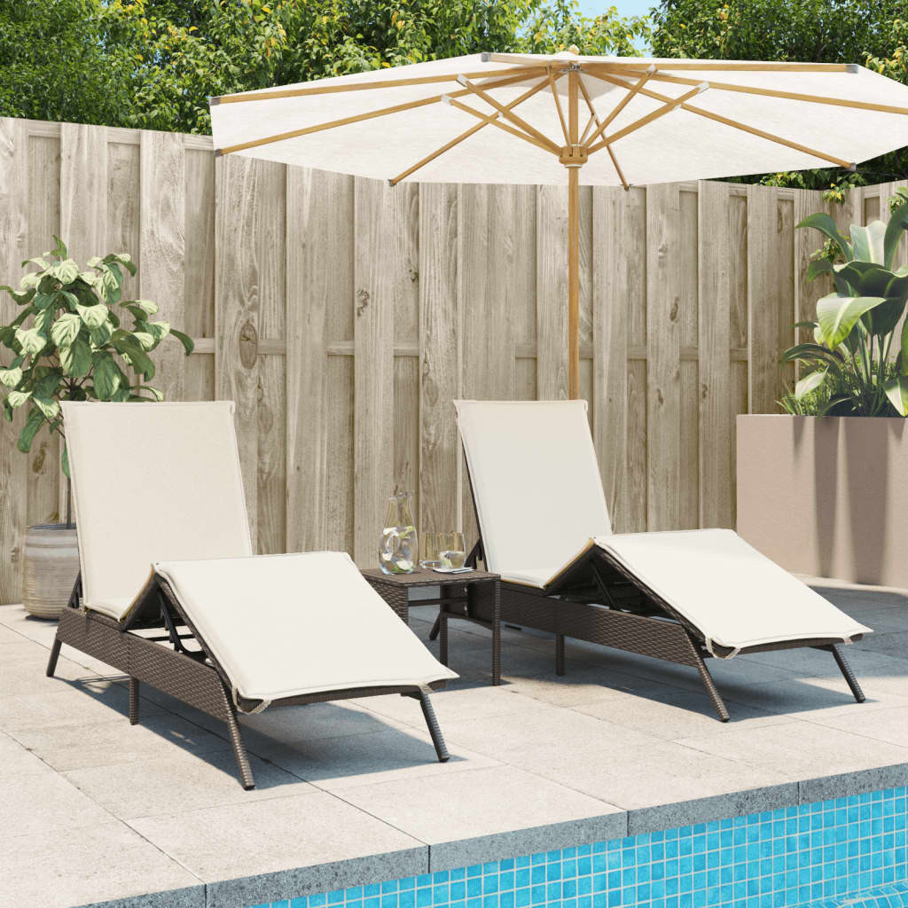 vidaXL Sonnenliegen mit Auflagen 2 Stk. Braun Poly Rattan