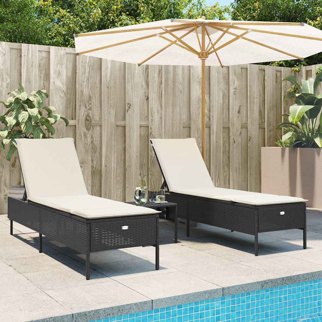 vidaXL Sonnenliegen mit Auflagen 2 Stk. Schwarz Poly Rattan
