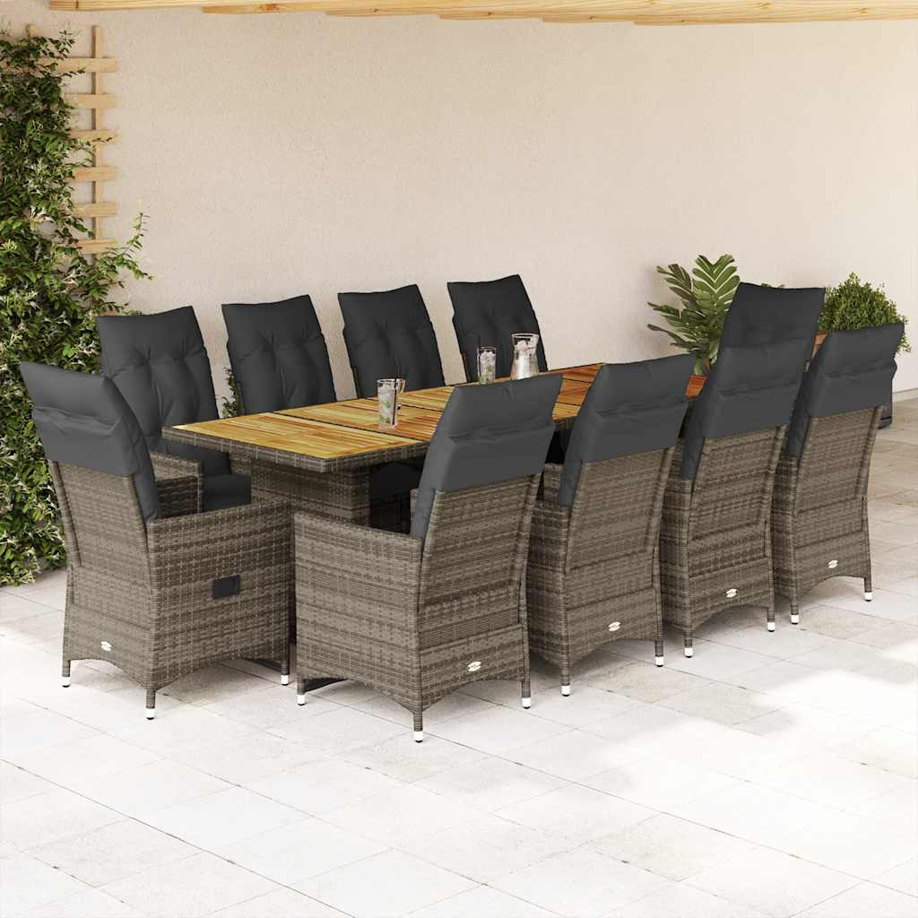 vidaXL 11-tlg. Garten-Bistro-Set mit Kissen Grau Poly Rattan