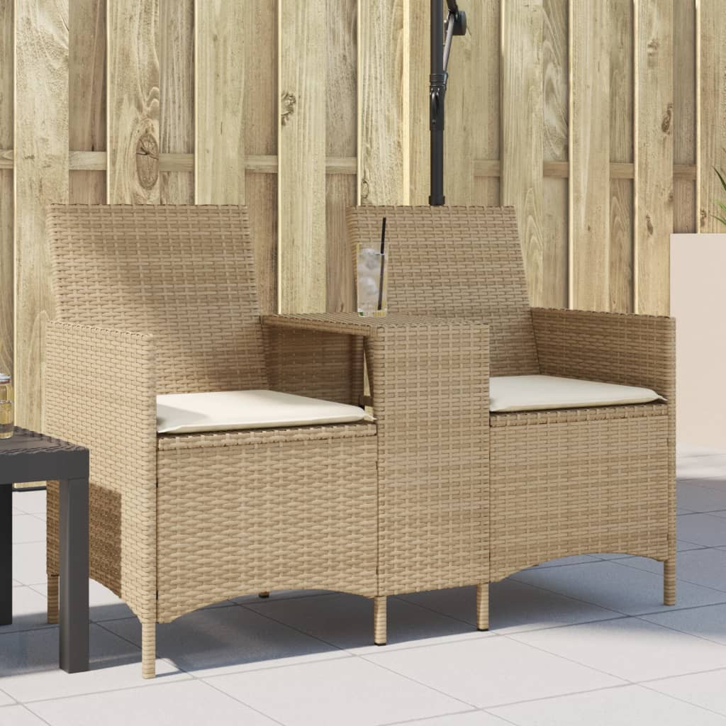 vidaXL Gartensofa 2-Sitzer mit Tisch und Kissen Beige Poly Rattan