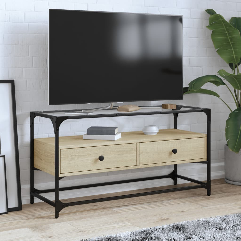 vidaXL TV-Schrank mit Glasplatte Sonoma-Eiche 98x35x51cm Holzwerkstoff