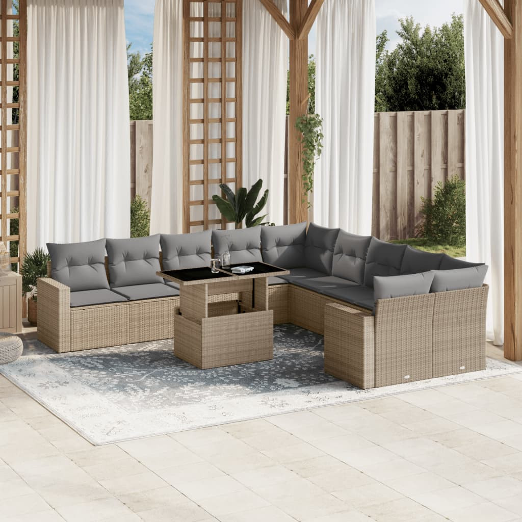 vidaXL 11-tlg. Garten-Sofagarnitur mit Kissen Beige Poly Rattan