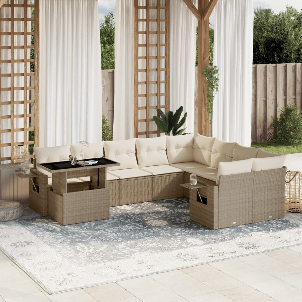 vidaXL 10-tlg. Garten-Sofagarnitur mit Kissen Beige Poly Rattan