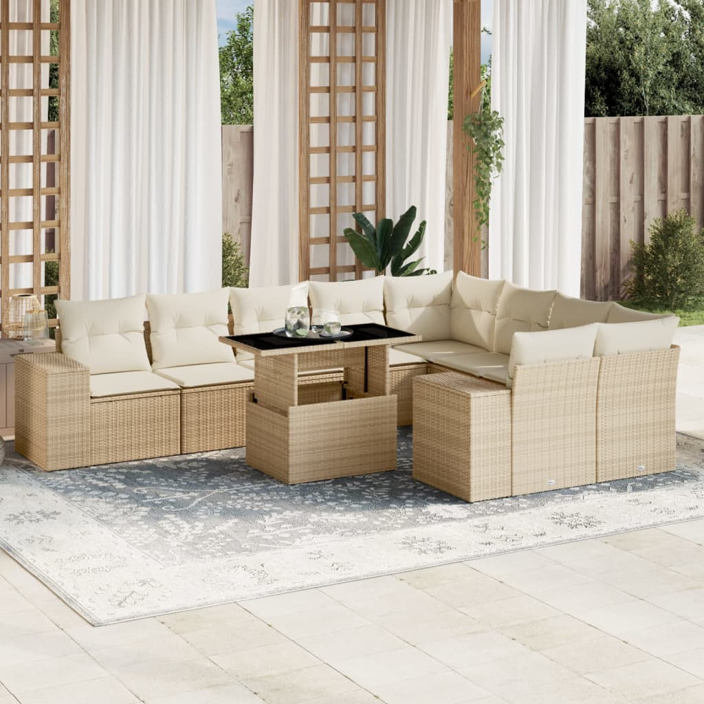 vidaXL 10-tlg. Garten-Sofagarnitur mit Kissen Beige Poly Rattan