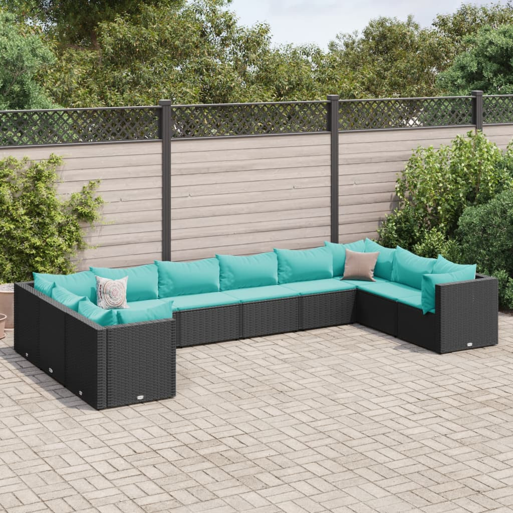 vidaXL 10-tlg. Garten-Lounge-Set mit Kissen Schwarz Poly Rattan