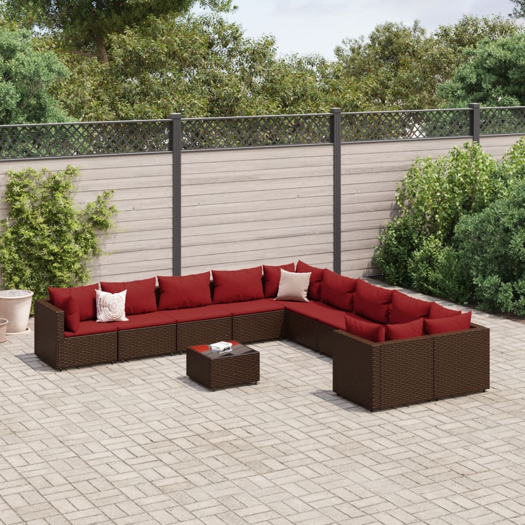 vidaXL 11-tlg. Garten-Sofagarnitur mit Kissen Braun Poly Rattan