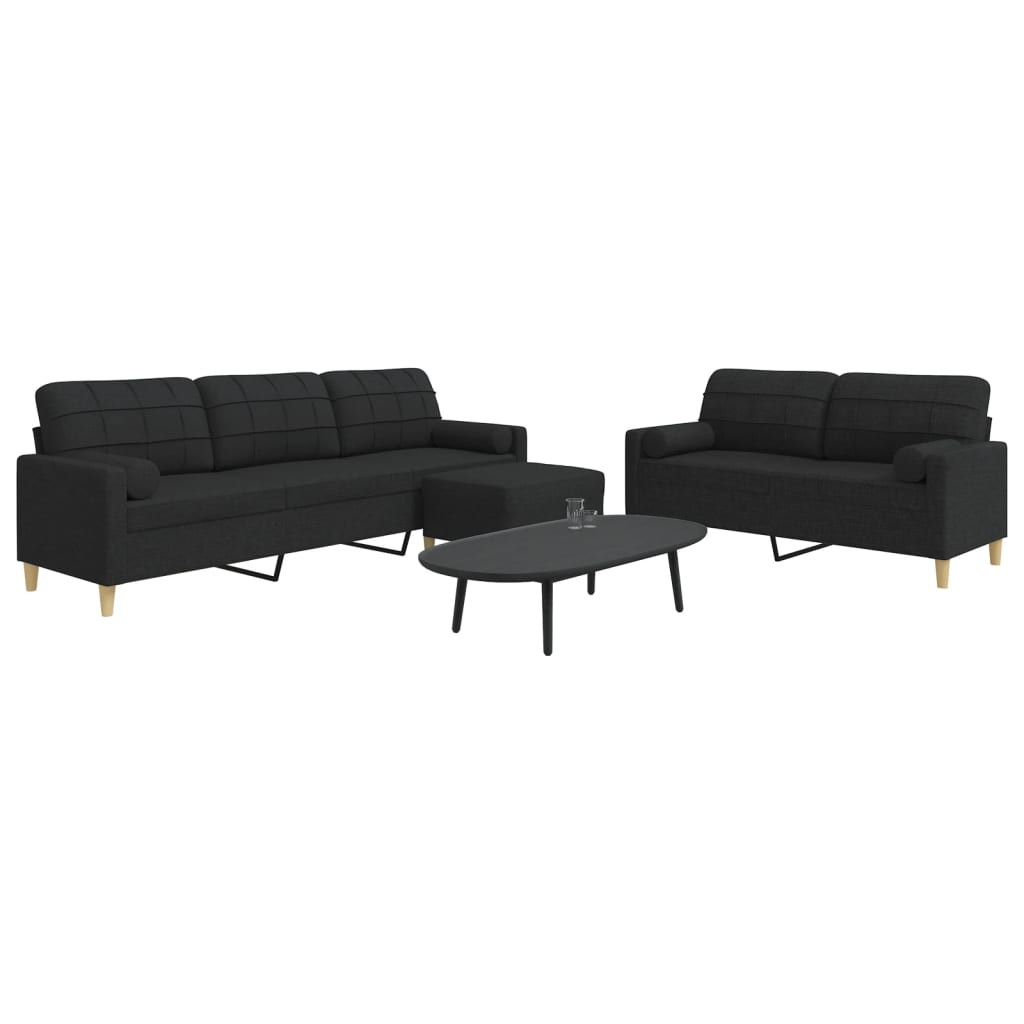 vidaXL 3-tlg. Sofagarnitur mit Fußhocker & Dekokissen Schwarz Stoff