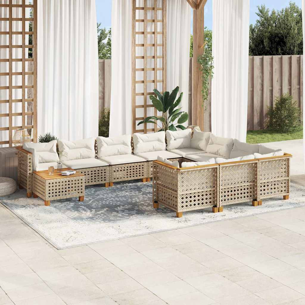 vidaXL 11-tlg. Garten-Sofagarnitur mit Kissen Beige Poly Rattan