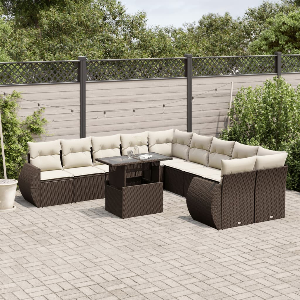 vidaXL 11-tlg. Garten-Sofagarnitur mit Kissen Braun Poly Rattan