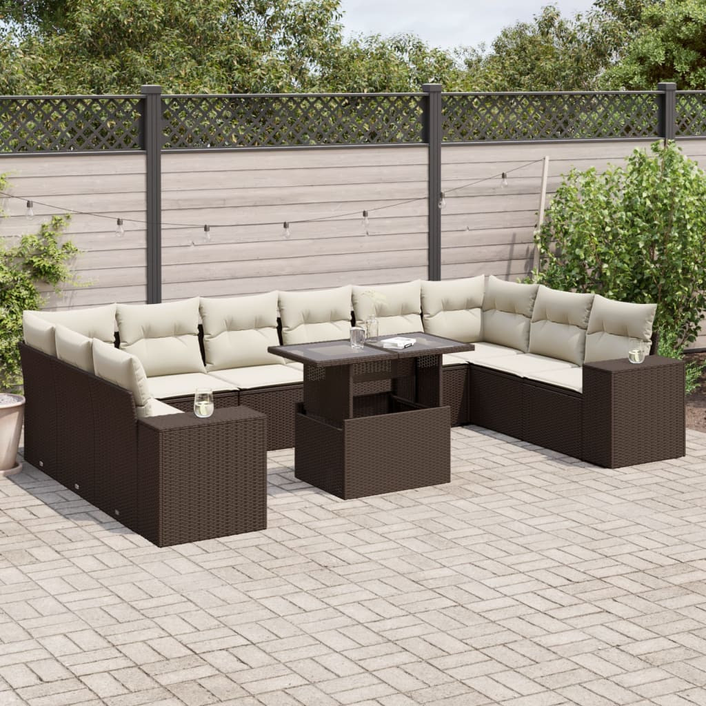 vidaXL 11-tlg. Garten-Sofagarnitur mit Kissen Braun Poly Rattan