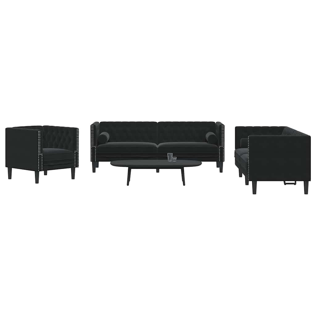vidaXL 3-tlg. Chesterfield-Sofa-Set mit Nackenrollen Schwarz Samt