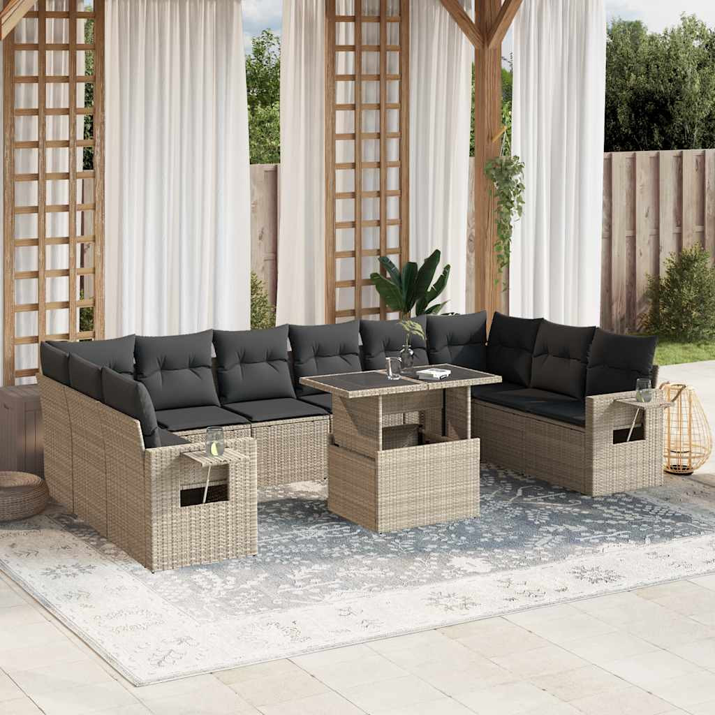 vidaXL 11-tlg. Garten-Sofagarnitur mit Kissen Hellgrau Poly Rattan