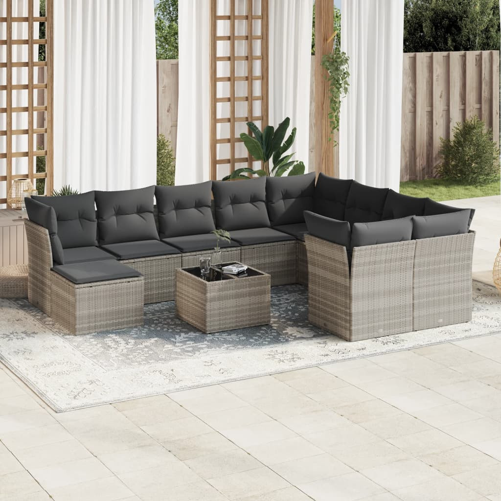 vidaXL 11-tlg. Garten-Sofagarnitur mit Kissen Hellgrau Poly Rattan