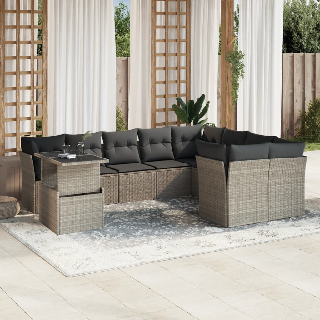 vidaXL 10-tlg. Garten-Sofagarnitur mit Kissen Hellgrau Poly Rattan