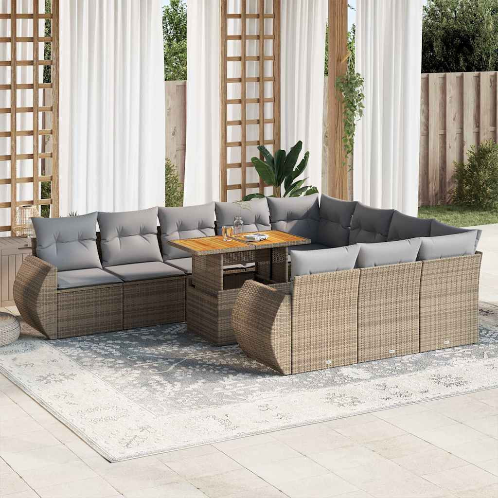 vidaXL 11-tlg. Garten-Sofagarnitur mit Kissen Beige Poly Rattan