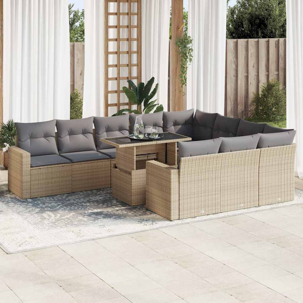 vidaXL 11-tlg. Garten-Sofagarnitur mit Kissen Beige Poly Rattan