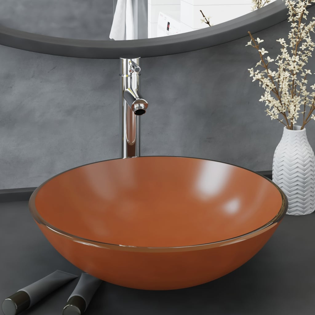 vidaXL Badezimmer Waschbecken mit Wasserhahn und Ablaufgarnitur Braun
