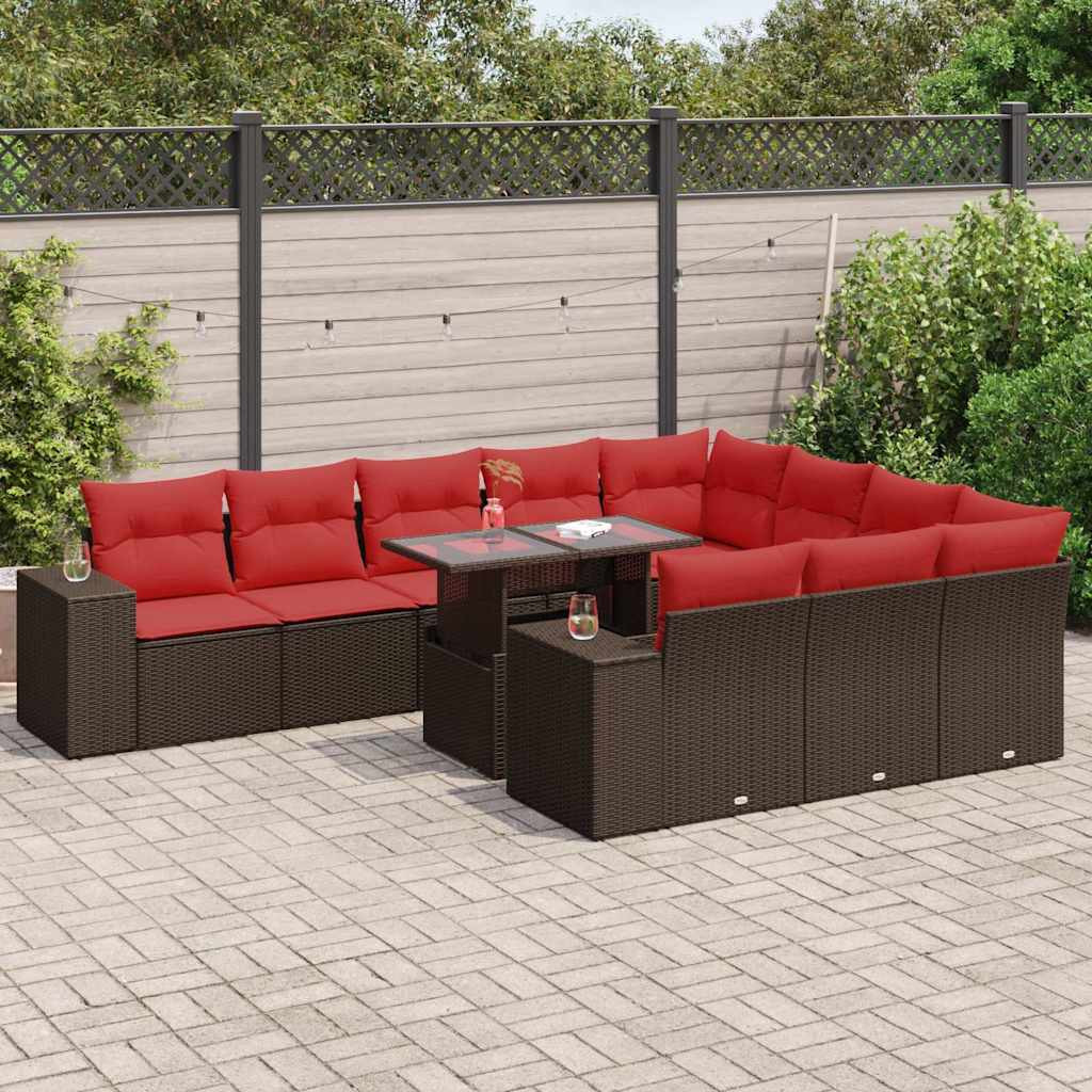vidaXL 11-tlg. Garten-Sofagarnitur mit Kissen Braun Poly Rattan Akazie