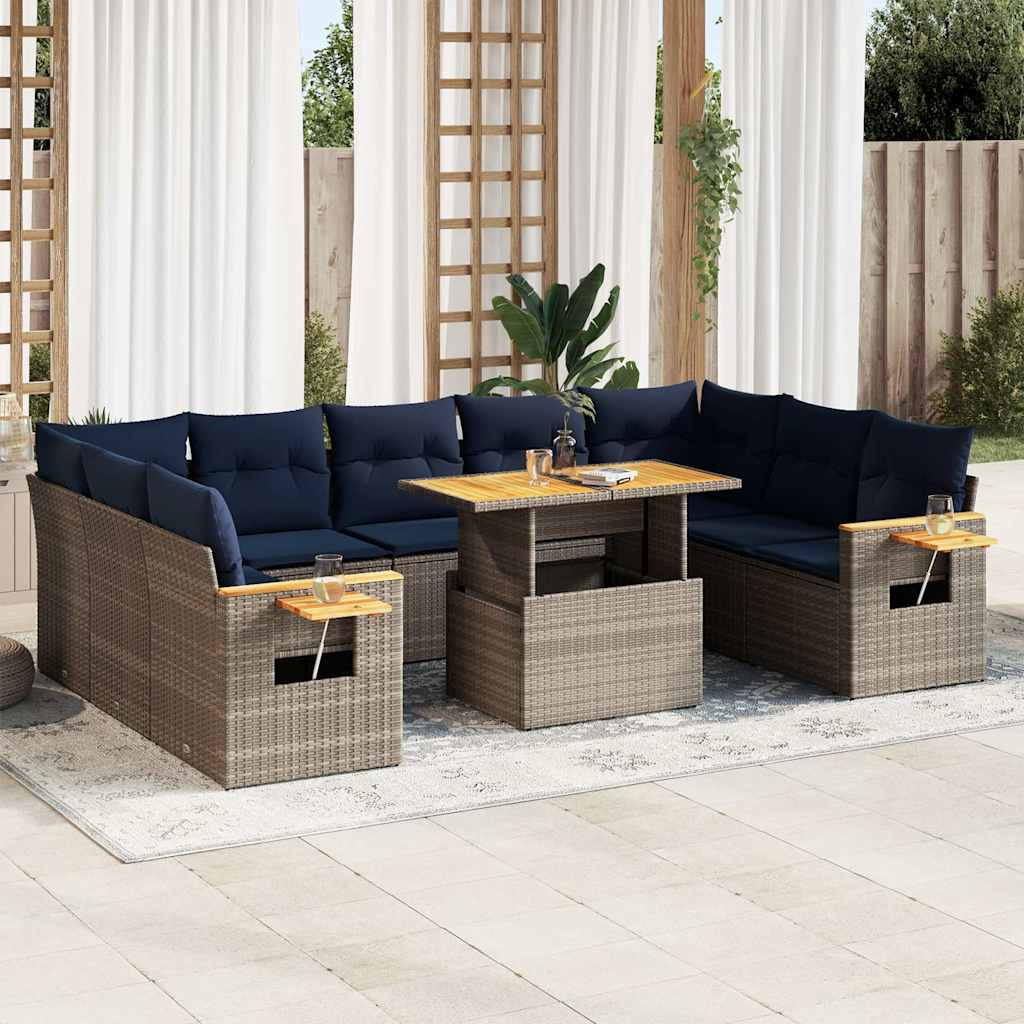 vidaXL 10-tlg. Garten-Sofagarnitur mit Kissen Grau Poly Rattan Akazie