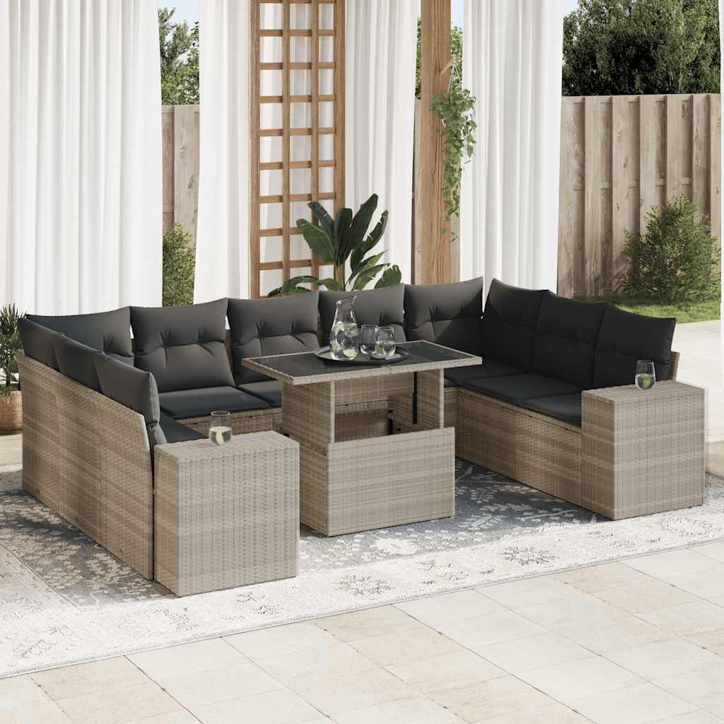 vidaXL 10-tlg. Garten-Sofagarnitur mit Kissen Hellgrau Poly Rattan