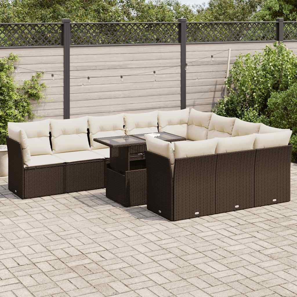 vidaXL 11-tlg. Garten-Sofagarnitur mit Kissen Braun Poly Rattan