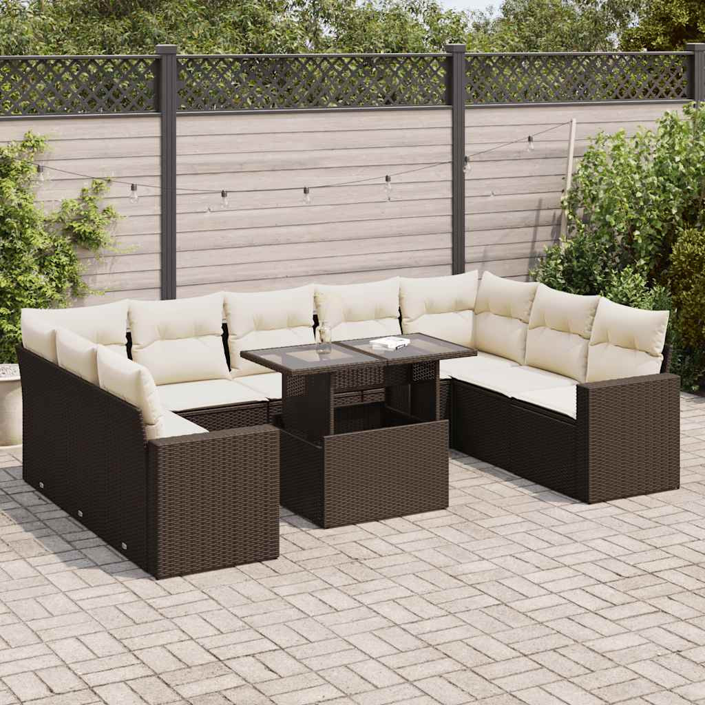 vidaXL 10-tlg. Garten-Sofagarnitur mit Kissen Braun Poly Rattan