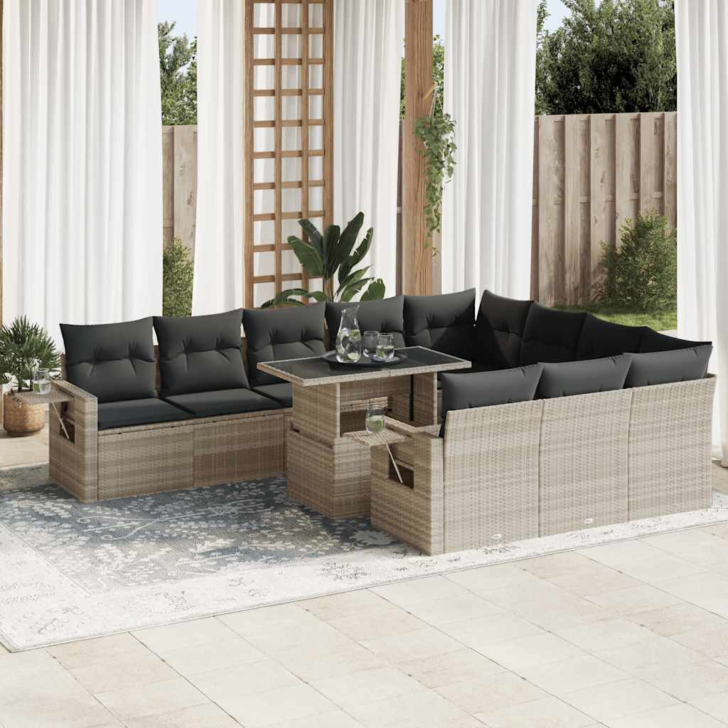vidaXL 11-tlg. Garten-Sofagarnitur mit Kissen Hellgrau Poly Rattan