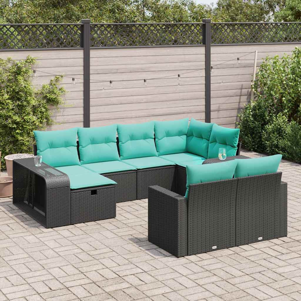 vidaXL 10-tlg. Garten-Sofagarnitur mit Kissen Schwarz Poly Rattan