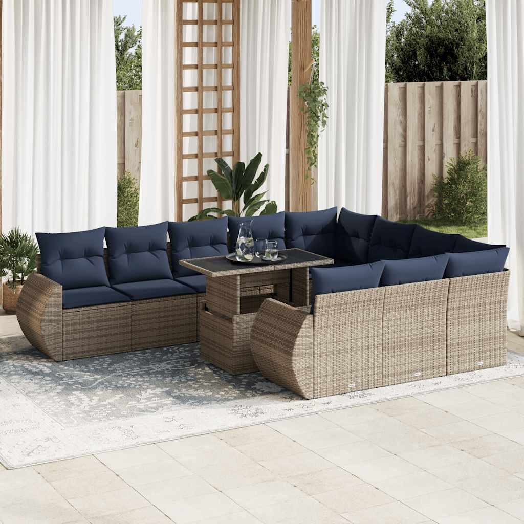 vidaXL 11-tlg. Garten-Sofagarnitur mit Kissen Grau Poly Rattan Akazie