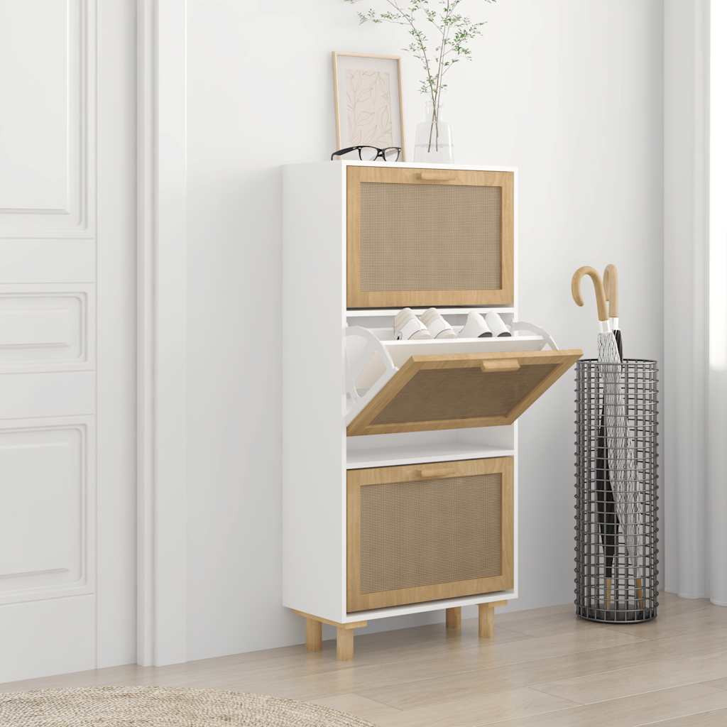 vidaXL Schuhschrank Weiß 52x25x115 cm Holzwerkstoff & Rattan Natur