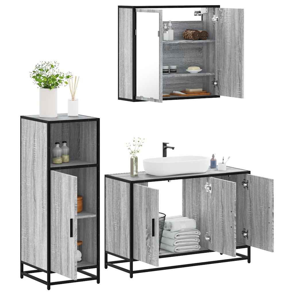 vidaXL 3-tlg. Badmöbel-Set Grau Sonoma Holzwerkstoff