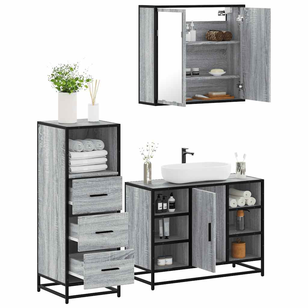 vidaXL 3-tlg. Badmöbel-Set Grau Sonoma Holzwerkstoff