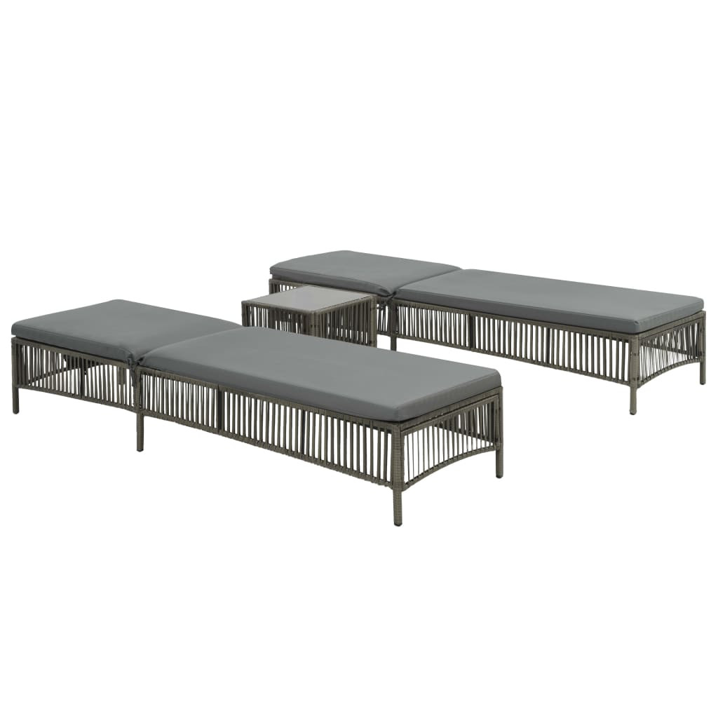 vidaXL Sonnenliegen 2 Stk. mit Tisch Poly Rattan Grau