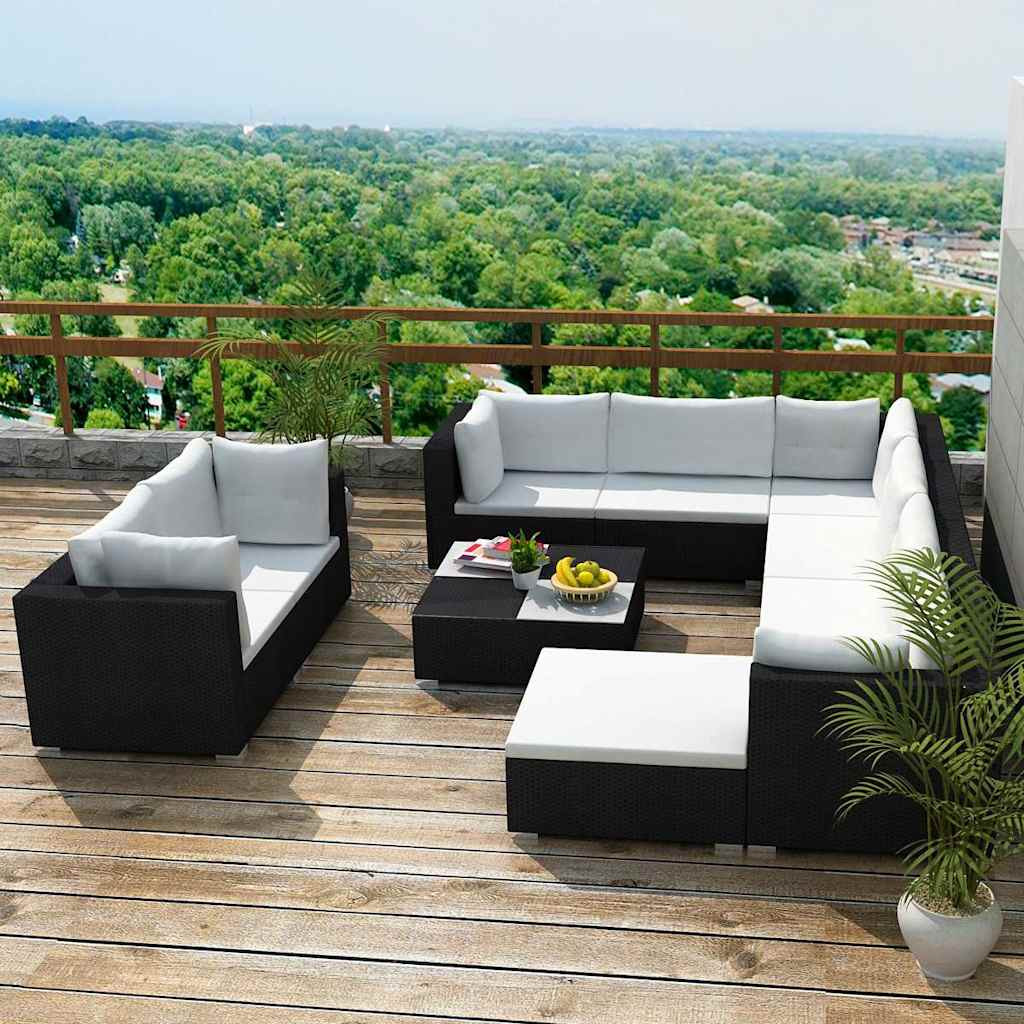 vidaXL 10-tlg. Garten-Lounge-Set mit Auflagen Poly Rattan Schwarz