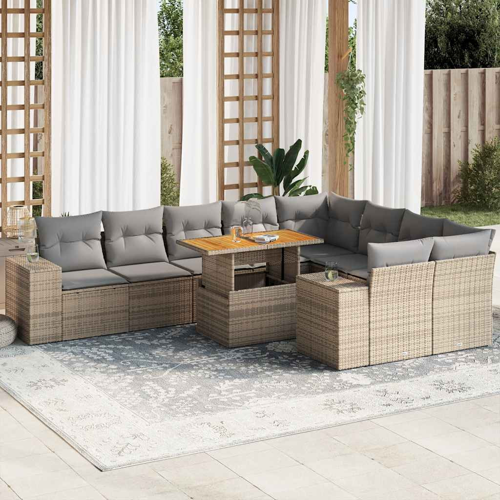 vidaXL 10-tlg. Garten-Sofagarnitur mit Kissen Beige Poly Rattan Akazie