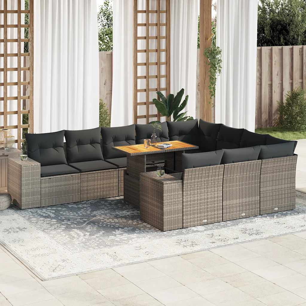 vidaXL 10-tlg. Garten-Sofagarnitur mit Kissen Grau Poly Rattan Akazie