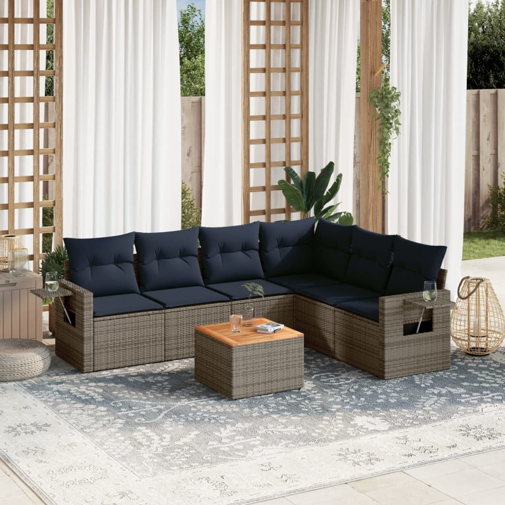 vidaXL 7-teiliges Gartensofa-Set mit Kissen, grau, Polyrattan