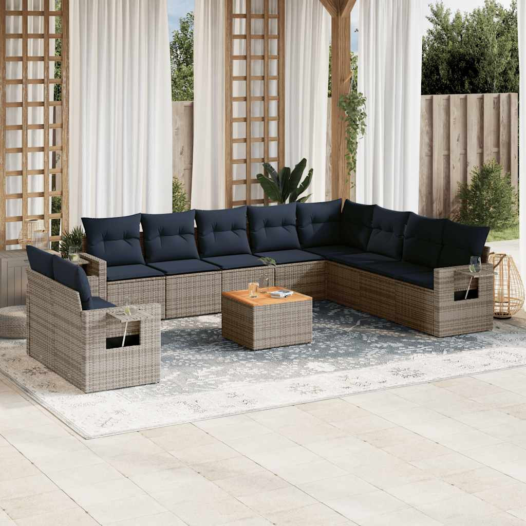 vidaXL 11-teiliges Gartensofa-Set mit Kissen, grau, Polyrattan