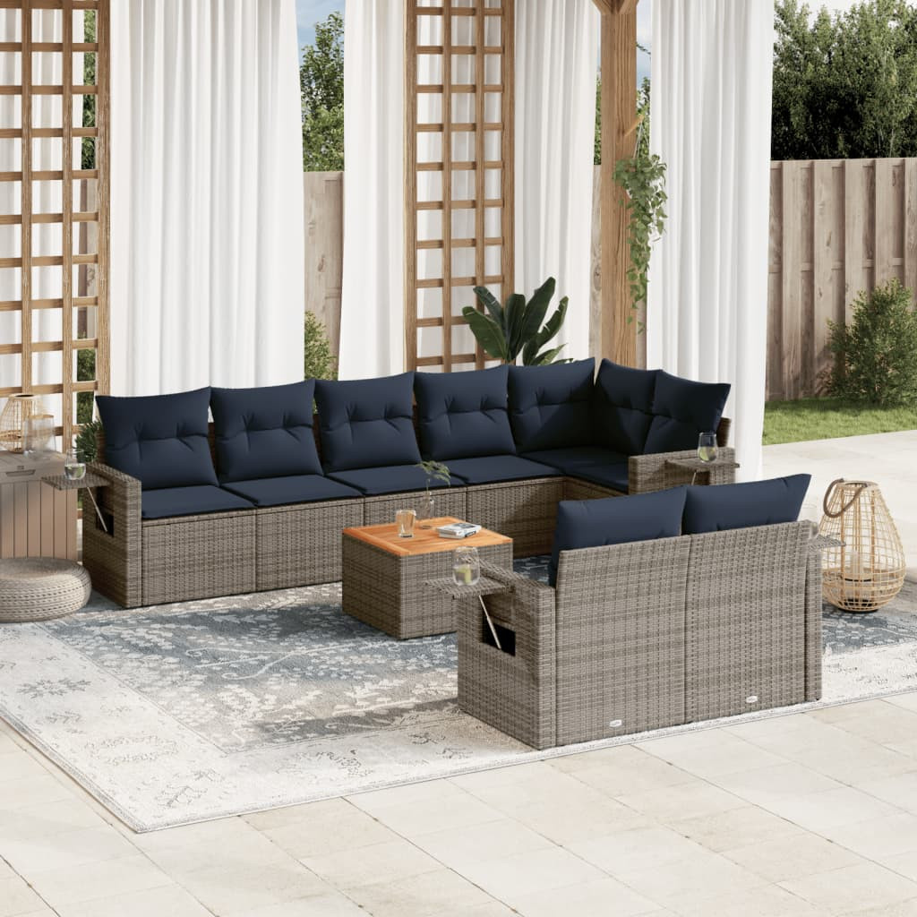 vidaXL 9-teiliges Gartensofa-Set mit Kissen, grau, Polyrattan