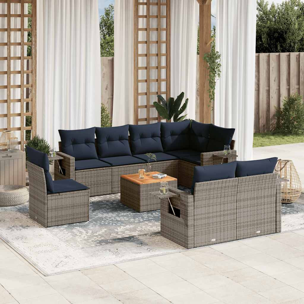 vidaXL 9-teiliges Gartensofa-Set mit Kissen, grau, Polyrattan