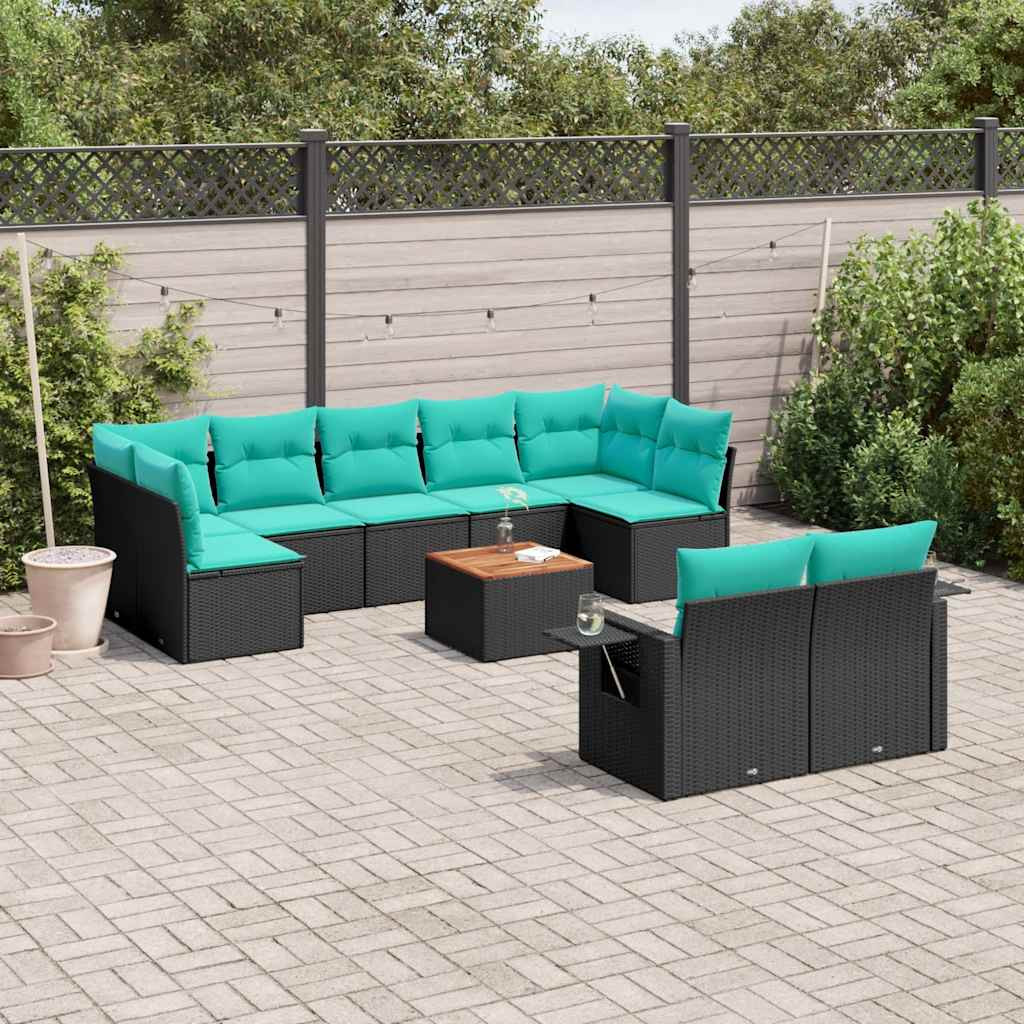 vidaXL 10-teiliges Gartensofa-Set mit Kissen, schwarzes Polyrattan