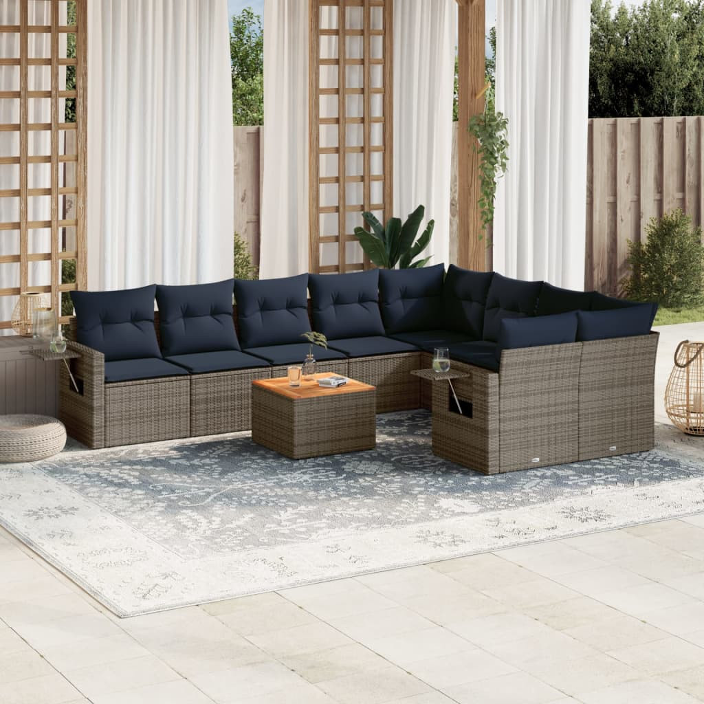 vidaXL 10-teiliges Gartensofa-Set mit Kissen, grau, Polyrattan