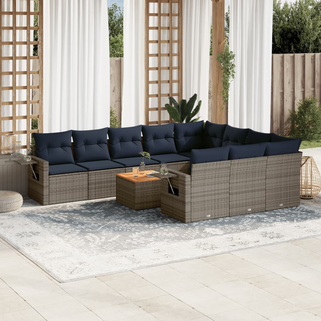 vidaXL 11-teiliges Gartensofa-Set mit Kissen, grau, Polyrattan