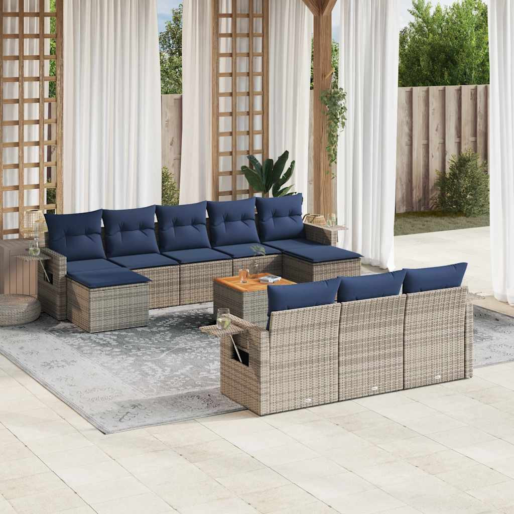 vidaXL 11-teiliges Gartensofa-Set mit Kissen, grau, Polyrattan