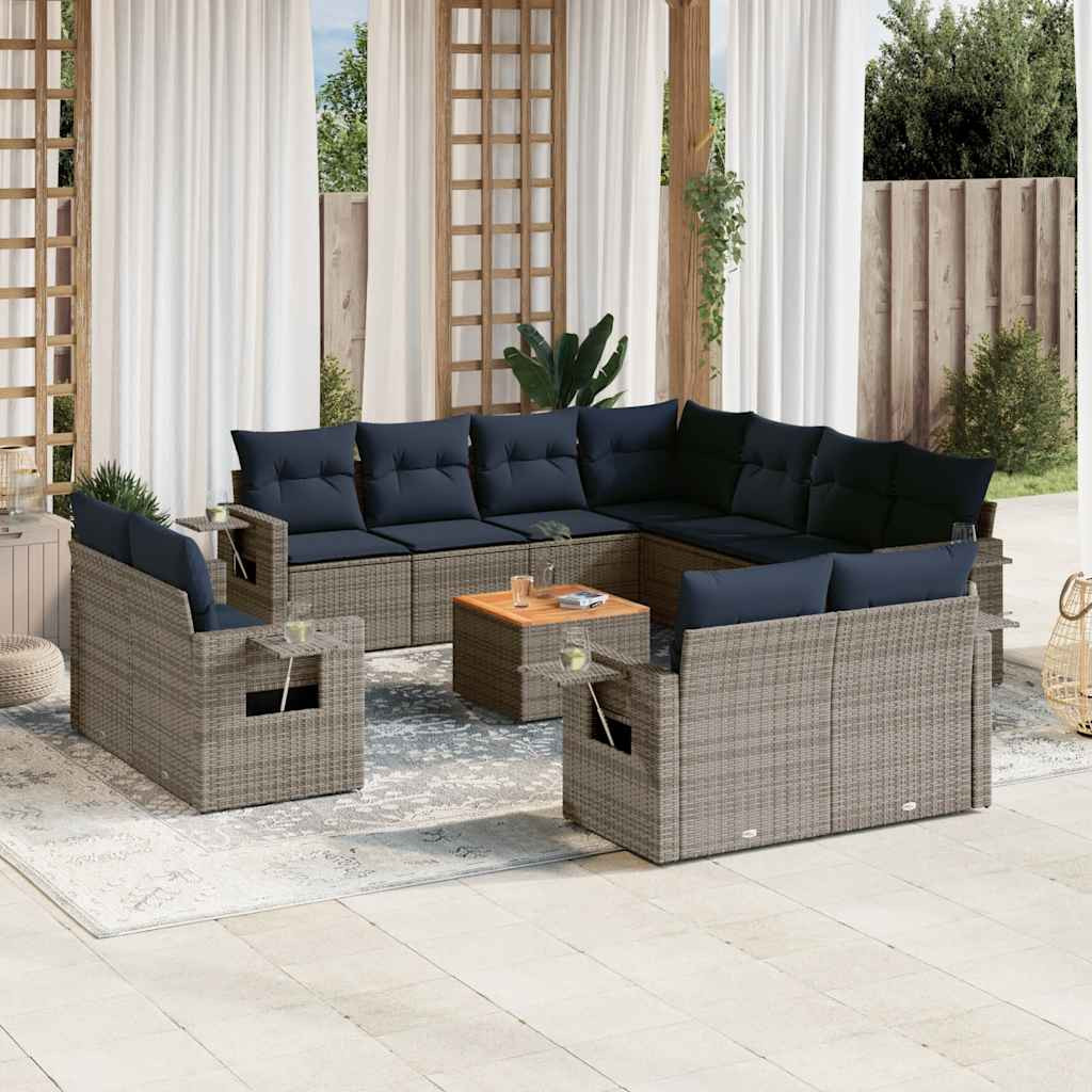 vidaXL 12-teiliges Gartensofa-Set mit Kissen, grau, Polyrattan