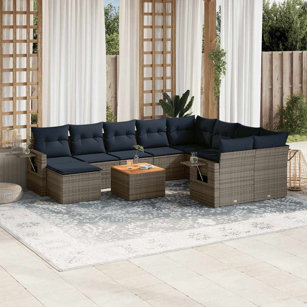 vidaXL 11-teiliges Gartensofa-Set mit Kissen, grau, Polyrattan
