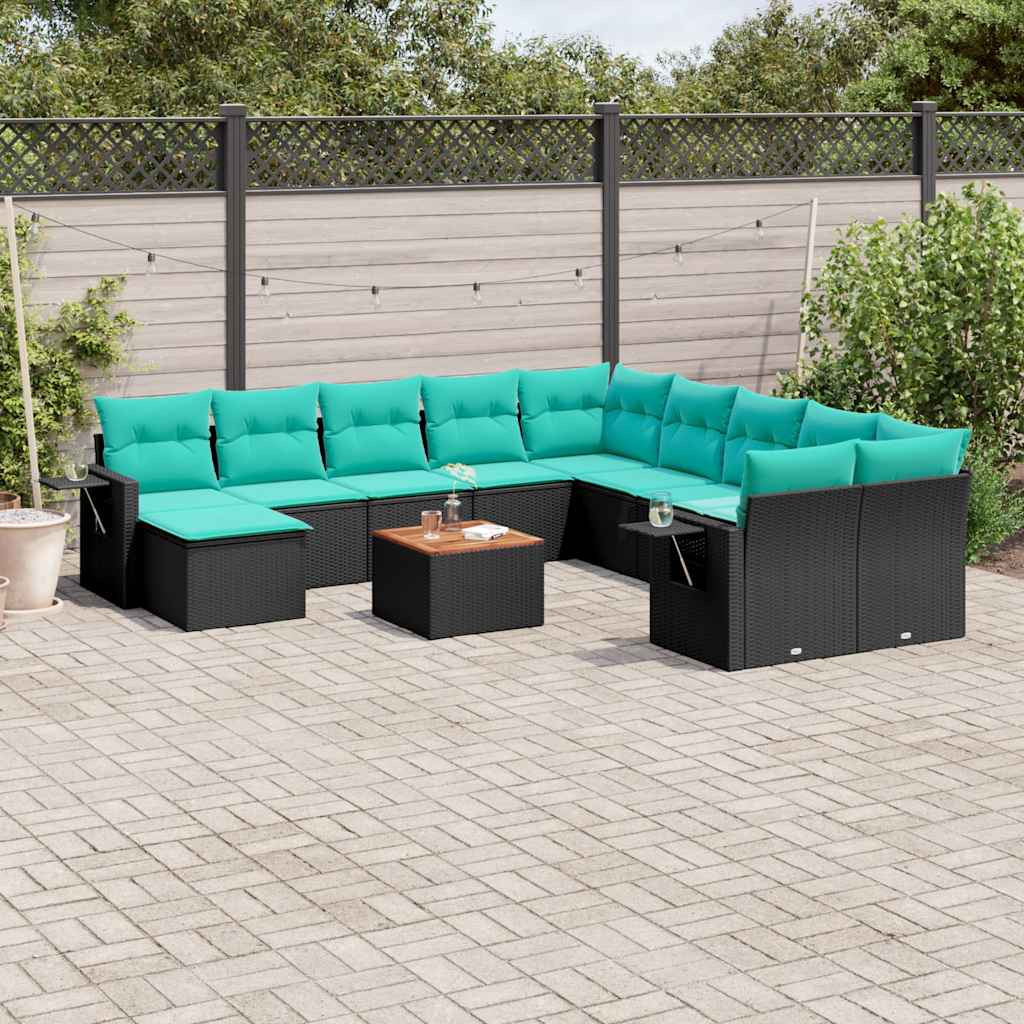 vidaXL 12-teiliges Gartensofa-Set mit Kissen, schwarzes Polyrattan