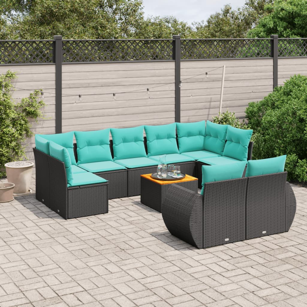 vidaXL 10-teiliges Gartensofa-Set mit Kissen, schwarzes Polyrattan