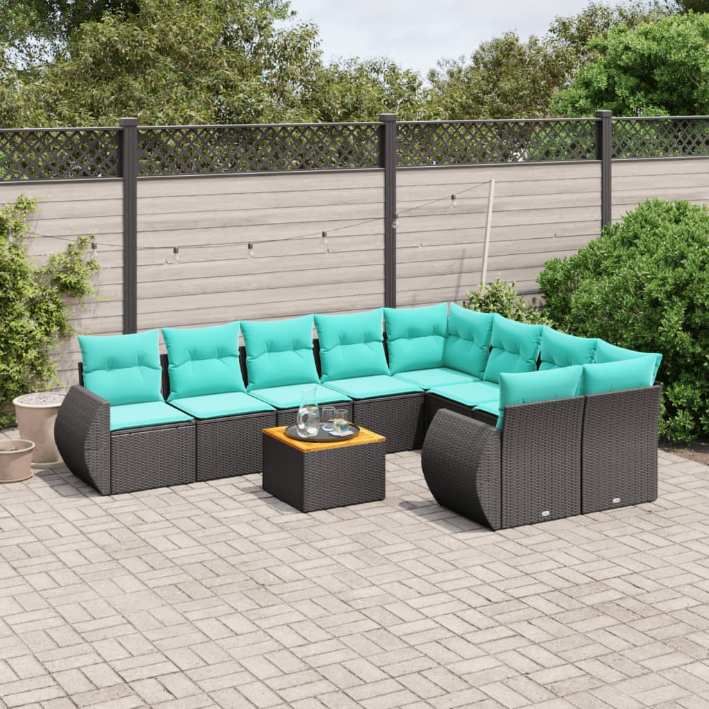 vidaXL 10-teiliges Gartensofa-Set mit Kissen, schwarzes Polyrattan