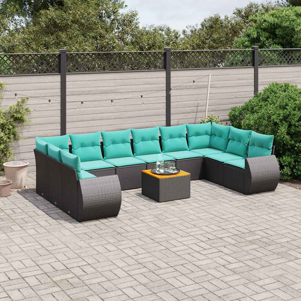 vidaXL 11-teiliges Gartensofa-Set mit Kissen, schwarzes Polyrattan